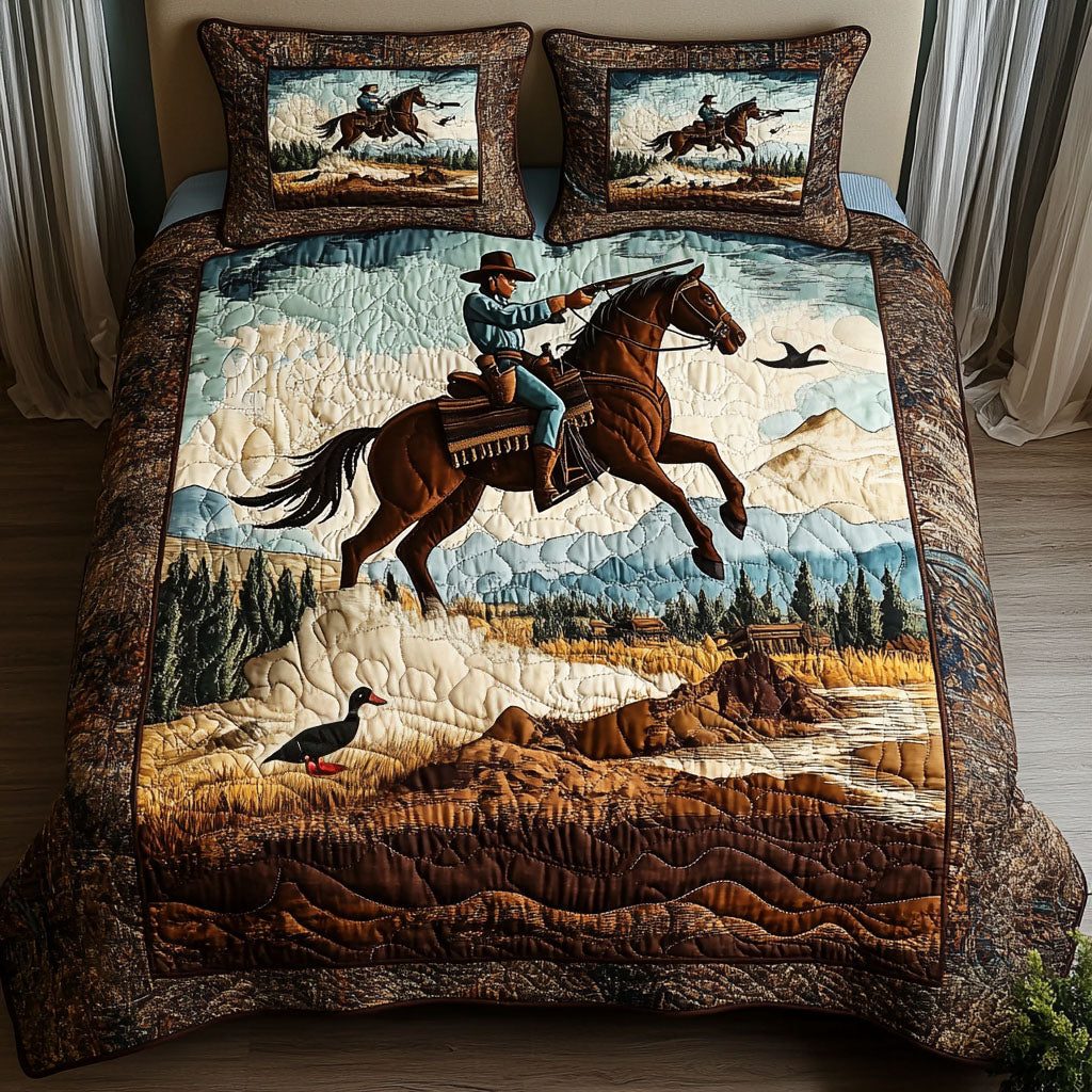 Wild West quilted 3-piece bedding set on a made bed with two matching pillow shams