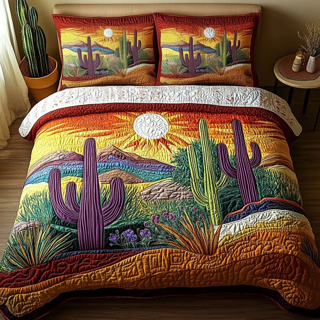 Wild West quilted 3-piece bedding set on a made bed with two matching pillow shams
