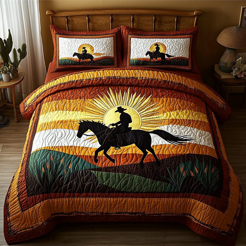 Wild West Trails quilted 3-piece bedding set on a made bed with two matching pillow shams