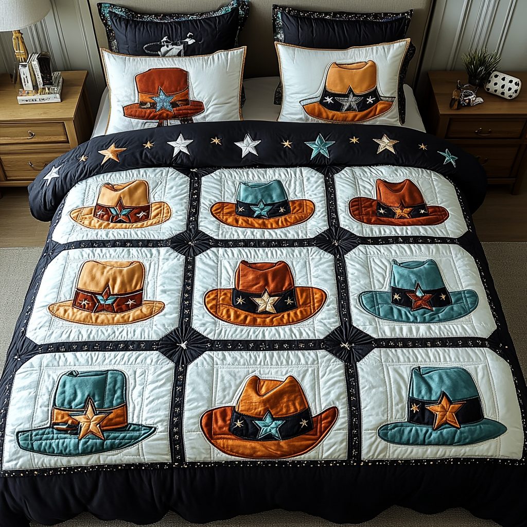 Wild West Wonders quilted 3-piece bedding set on a made bed with two matching pillow shams