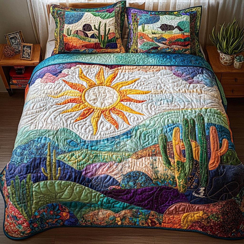 Wild West Wonders quilted 3-piece bedding set on a made bed with two matching pillow shams