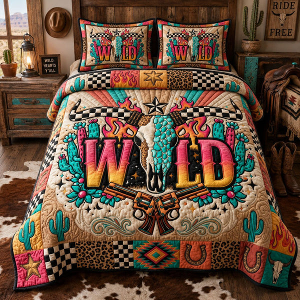 Wild Western Skul quilted 3-piece bedding set on a made bed in a rustic timber bedroom