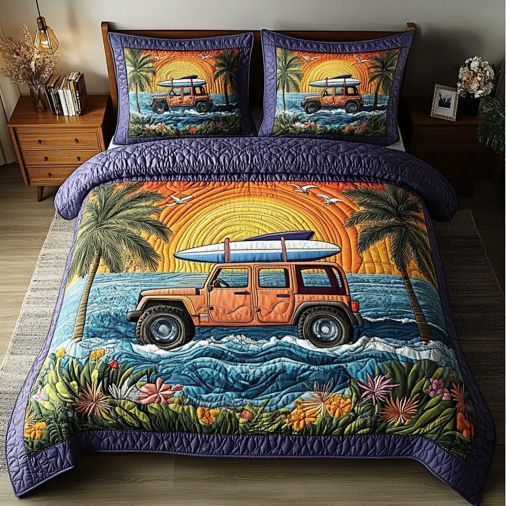 Wild Wheels quilted 3-piece bedding set on a made bed with two matching pillow shams