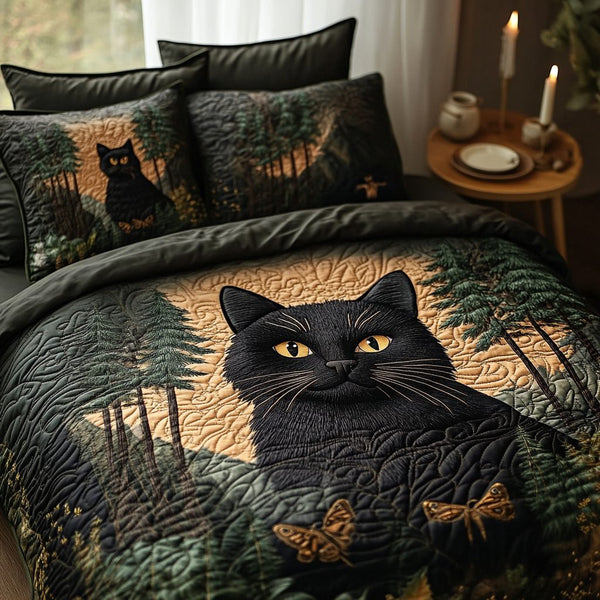Wild Whisker quilted 3-piece bedding set on a made bed with two matching pillow shams