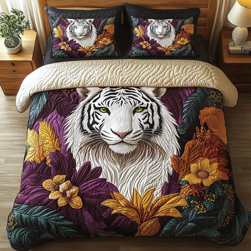 Wild White Tiger quilted 3-piece bedding set on a made bed with two matching pillow shams