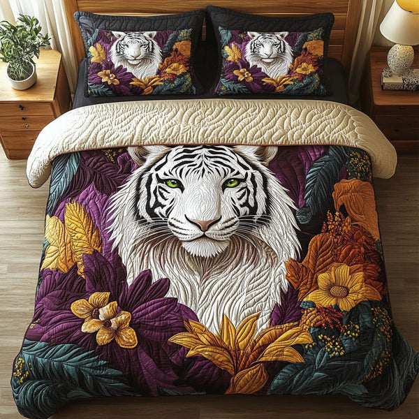Wild White Tiger quilted 3-piece bedding set on a made bed with two matching pillow shams