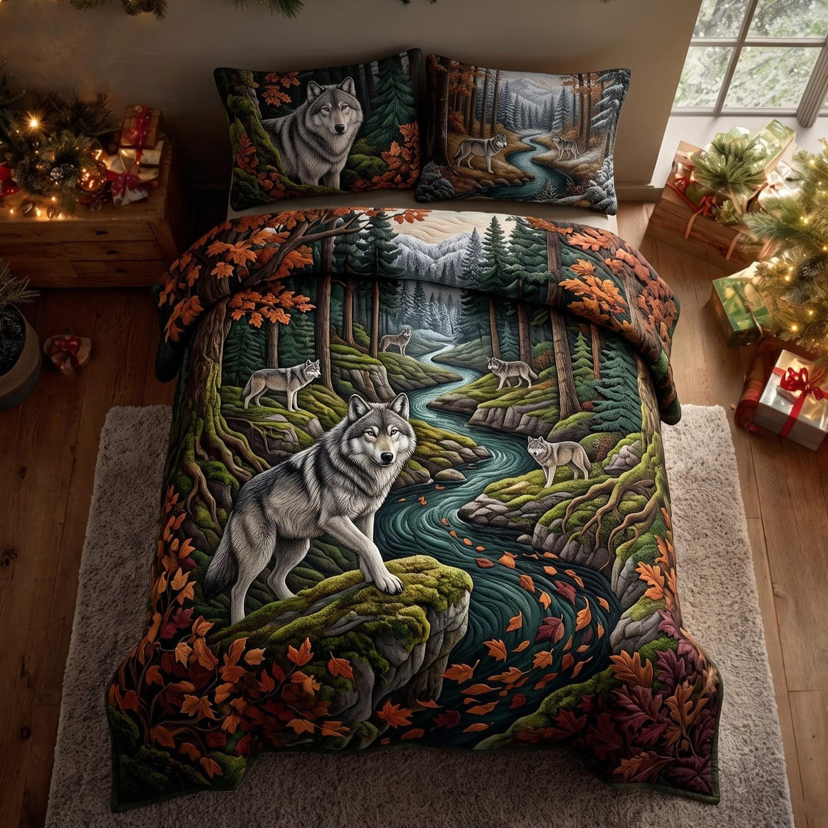Wild Wolf quilted 3-piece bedding set on a made bed with two matching pillow shams