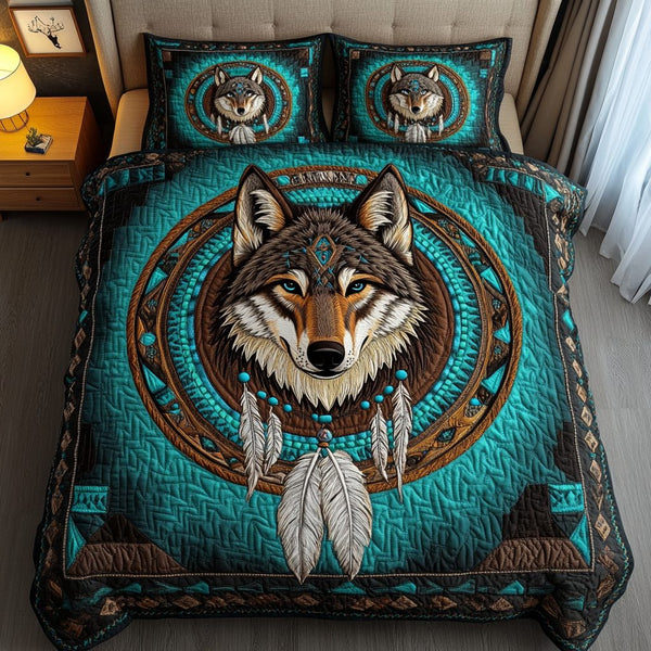 Wild Wolf quilted 3-piece bedding set on a made bed with two matching pillow shams