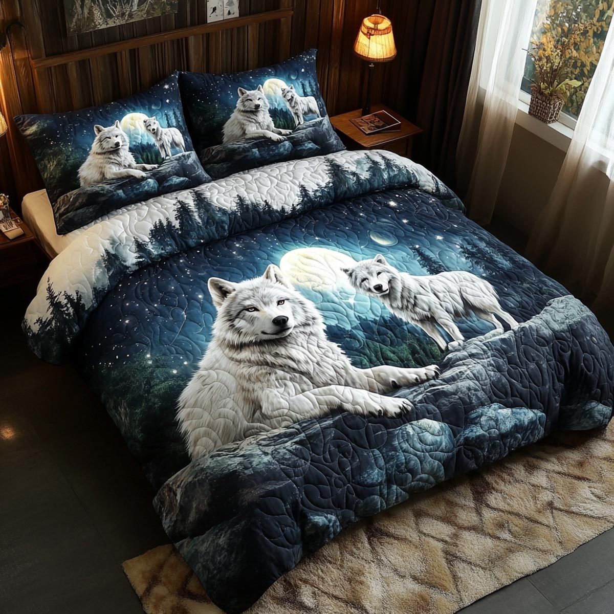 Wild Wolf quilted 3-piece bedding set on a made bed with two matching pillow shams