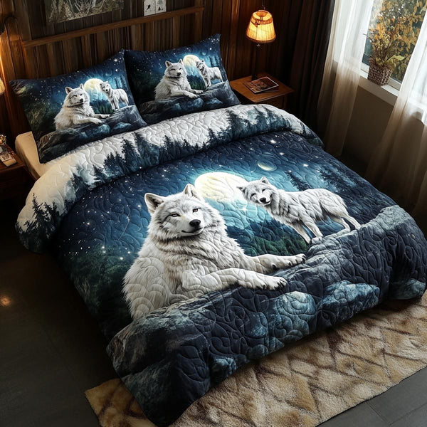 Wild Wolf quilted 3-piece bedding set on a made bed with two matching pillow shams