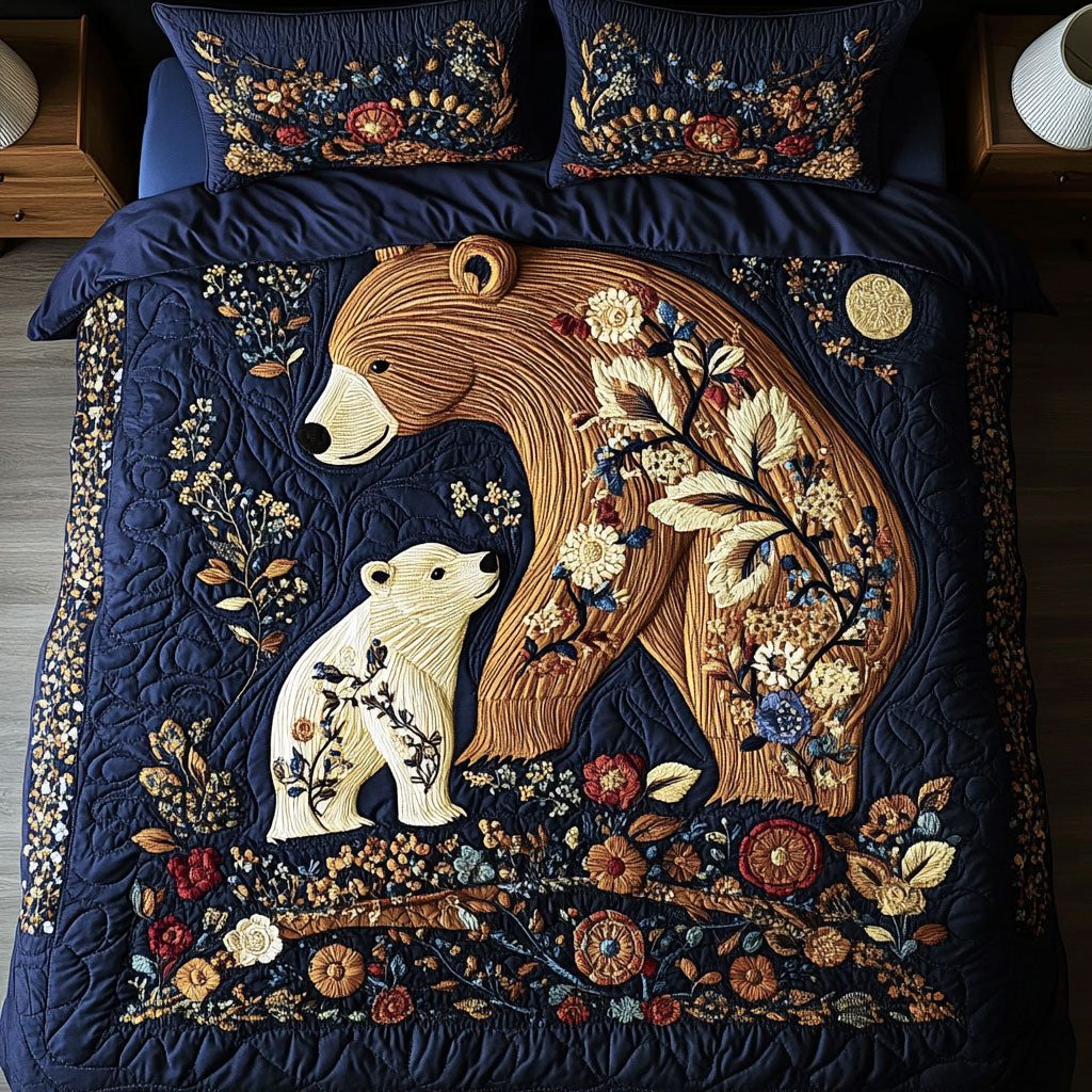 Wild Yet Warm quilted 3-piece bedding set on a made bed with two matching pillow shams