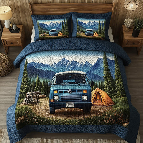 WildBase Camp quilted 3-piece bedding set on a made bed with two matching pillow shams