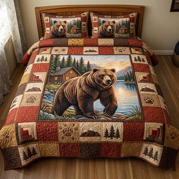 Wilderness Bear quilted 3-piece bedding set on a made bed with two matching pillow shams