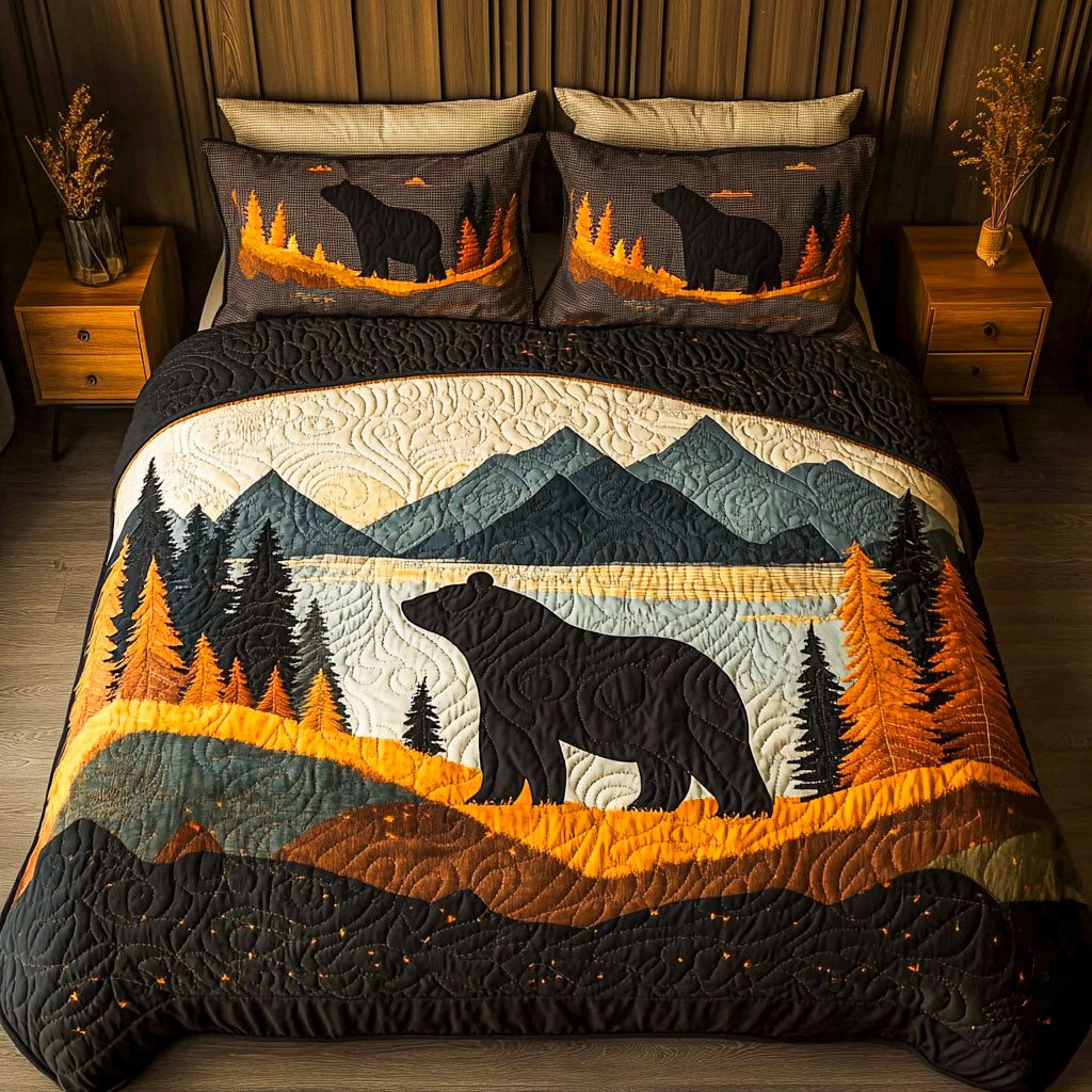 Wilderness Bear Reflection quilted 3-piece bedding set on a made bed with two matching pillow shams