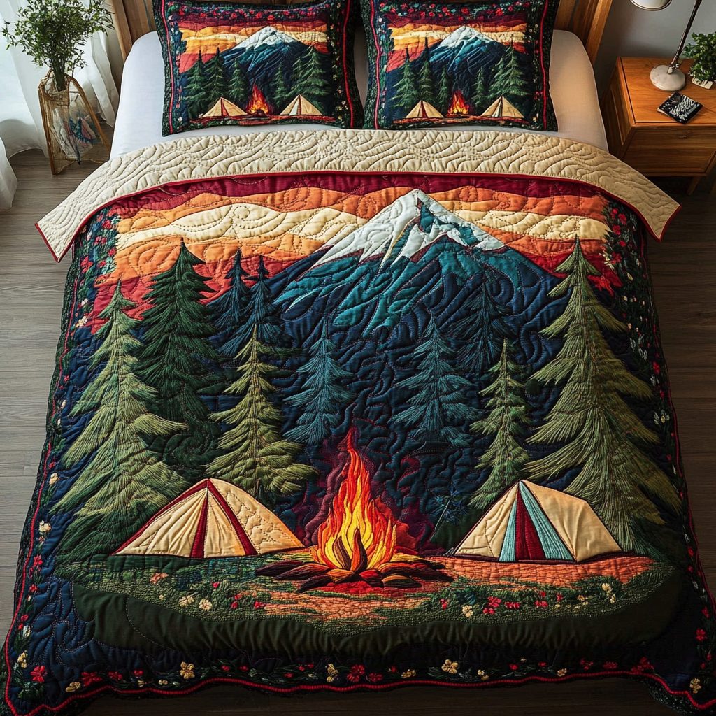 Wilderness Bliss quilted 3-piece bedding set on a made bed with two matching pillow shams