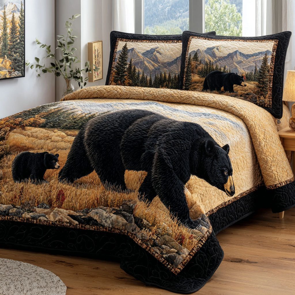 Wilderness Calm quilted 3-piece bedding set on a made bed with two matching pillow shams