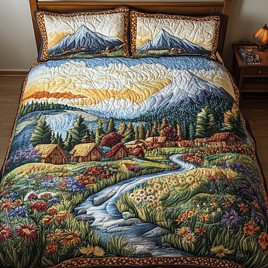 Wilderness Camp quilted 3-piece bedding set on a made bed with two matching pillow shams