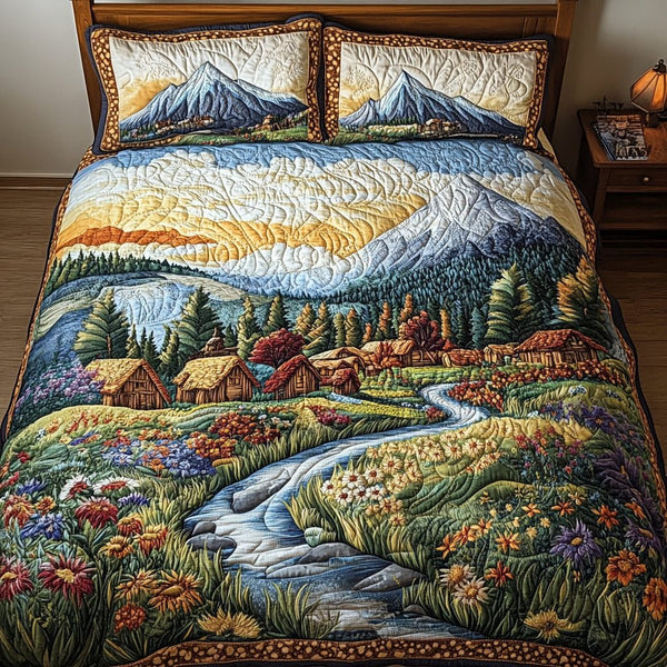 Wilderness Camp quilted 3-piece bedding set on a made bed with two matching pillow shams