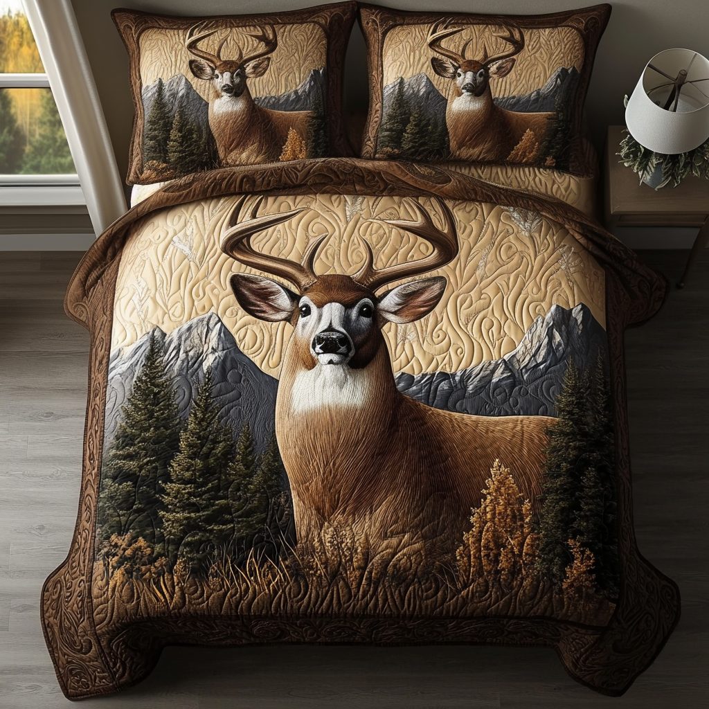 Wilderness Deer quilted 3-piece bedding set on a made bed with two matching pillow shams