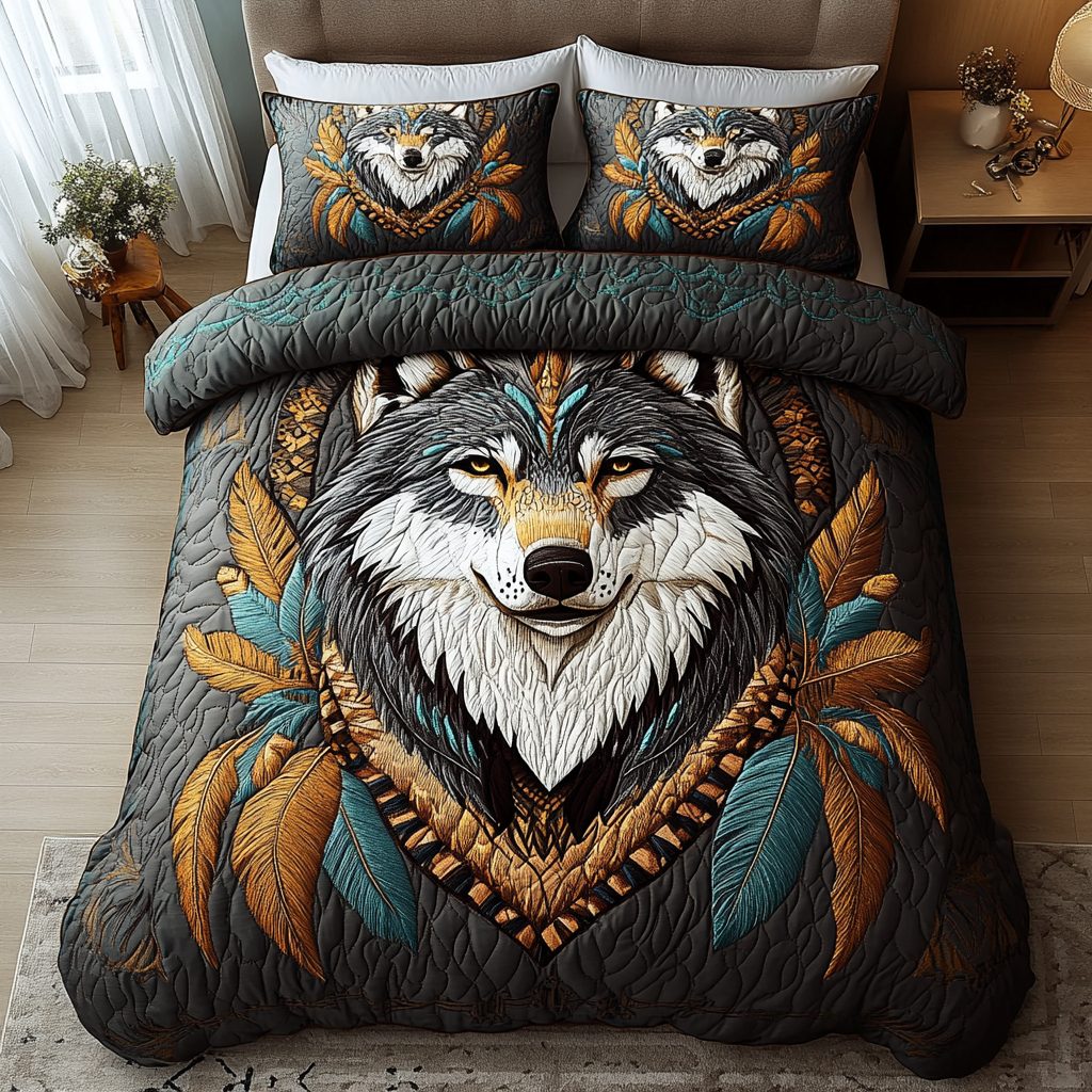 Wilderness Echo quilted 3-piece bedding set on a made bed with two matching pillow shams