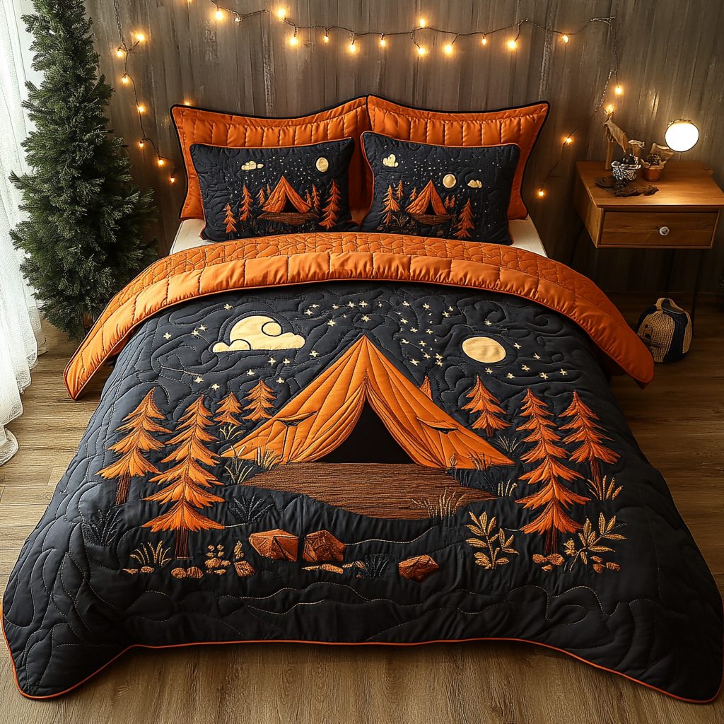 Wilderness Escape quilted 3-piece bedding set on a made bed with two matching pillow shams