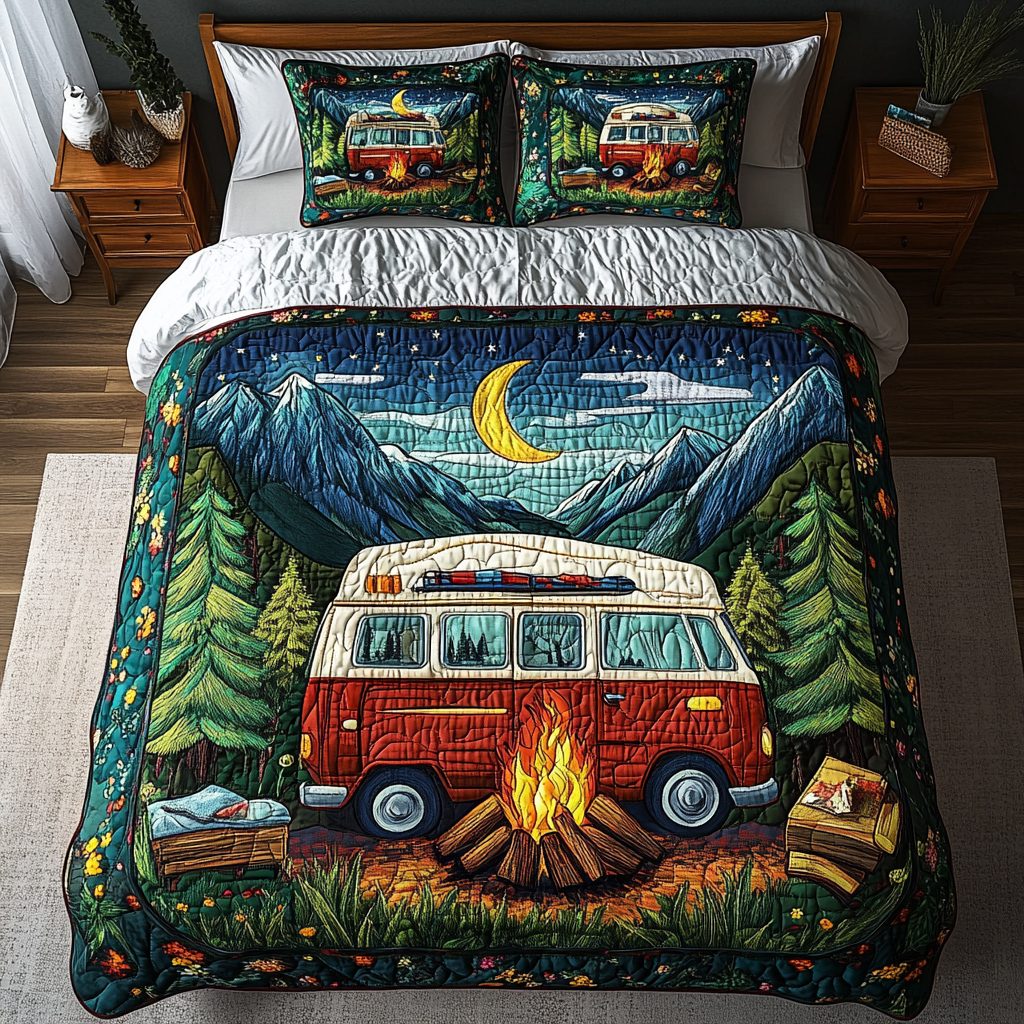 Wilderness Escape quilted 3-piece bedding set on a made bed with two matching pillow shams