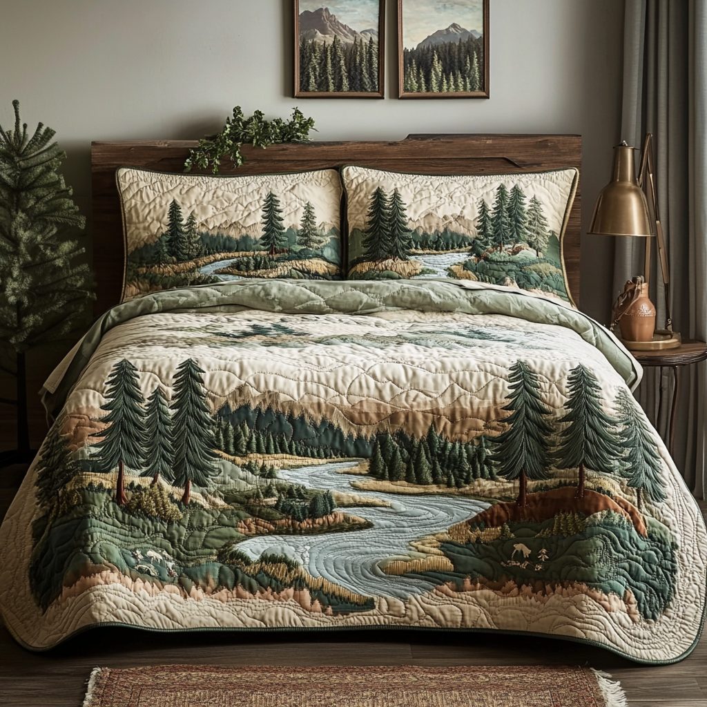 Wilderness Escape quilted 3-piece bedding set on a made bed with two matching pillow shams