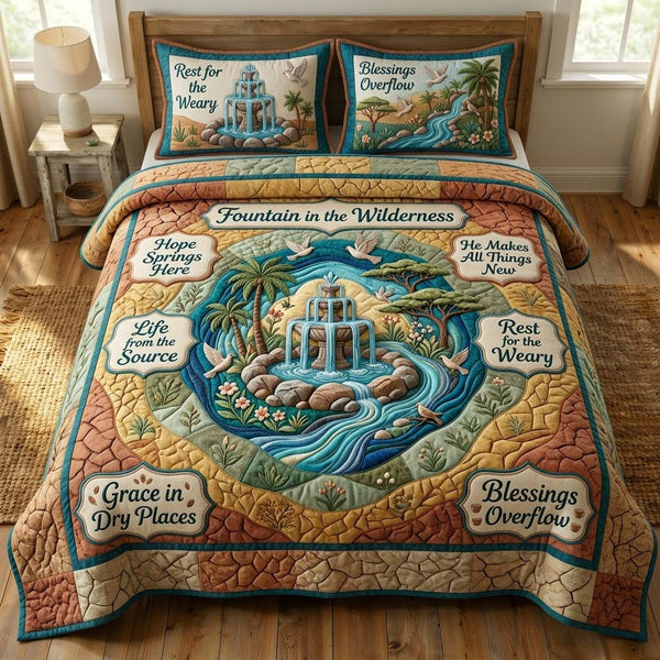 Wilderness Fountain quilted 3-piece bedding set on a made bed with two matching pillow shams