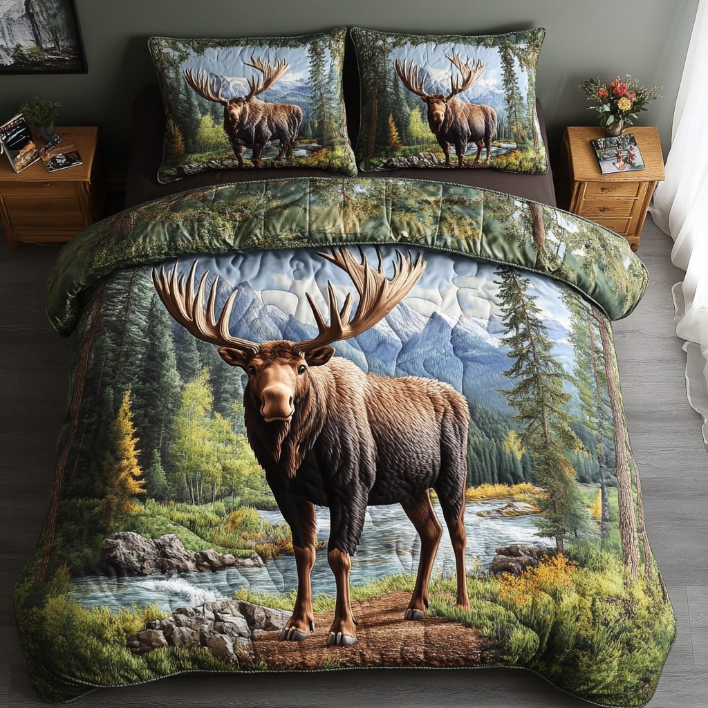 Wilderness Giant quilted 3-piece bedding set on a made bed with two matching pillow shams