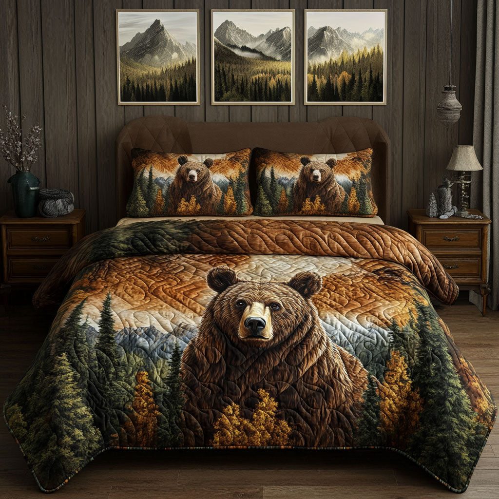 Wilderness Haven quilted 3-piece bedding set on a made bed with two matching pillow shams