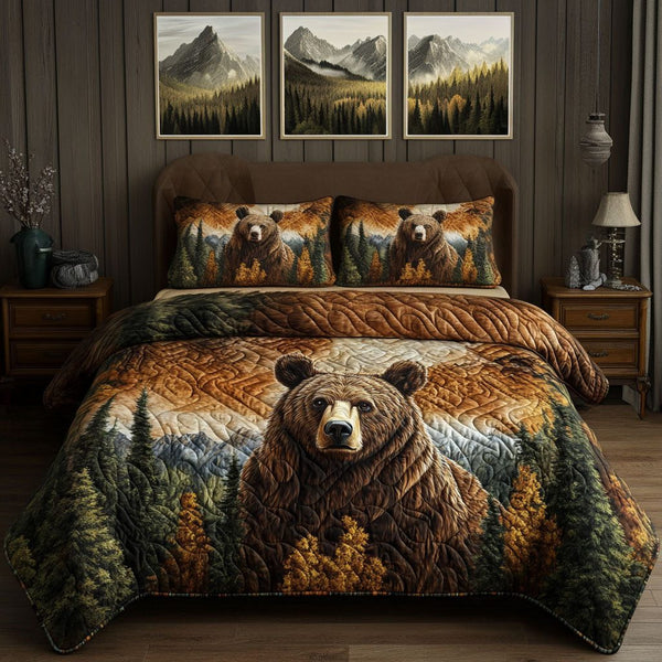 Wilderness Haven quilted 3-piece bedding set on a made bed with two matching pillow shams