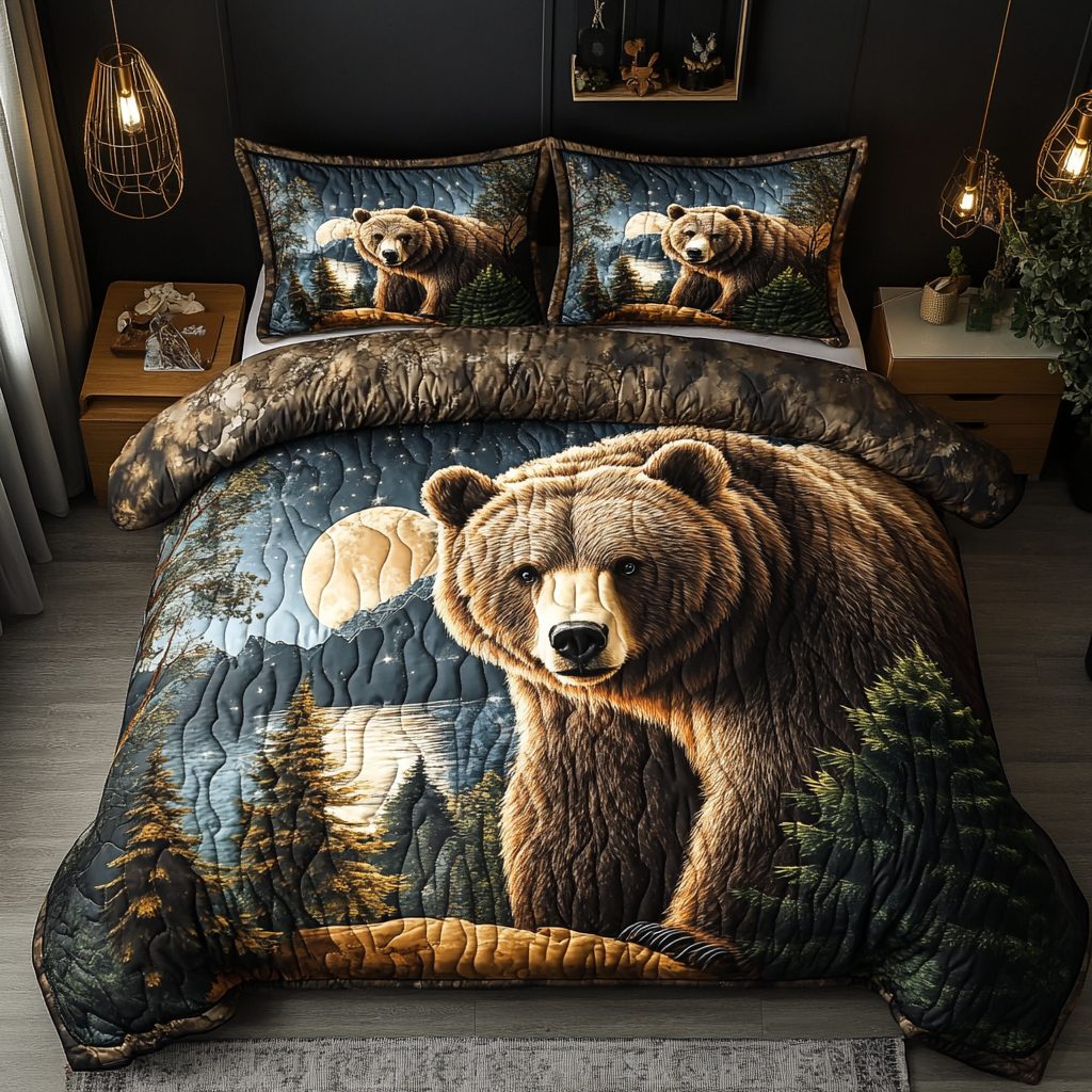 Wilderness King quilted 3-piece bedding set on a made bed with two matching pillow shams