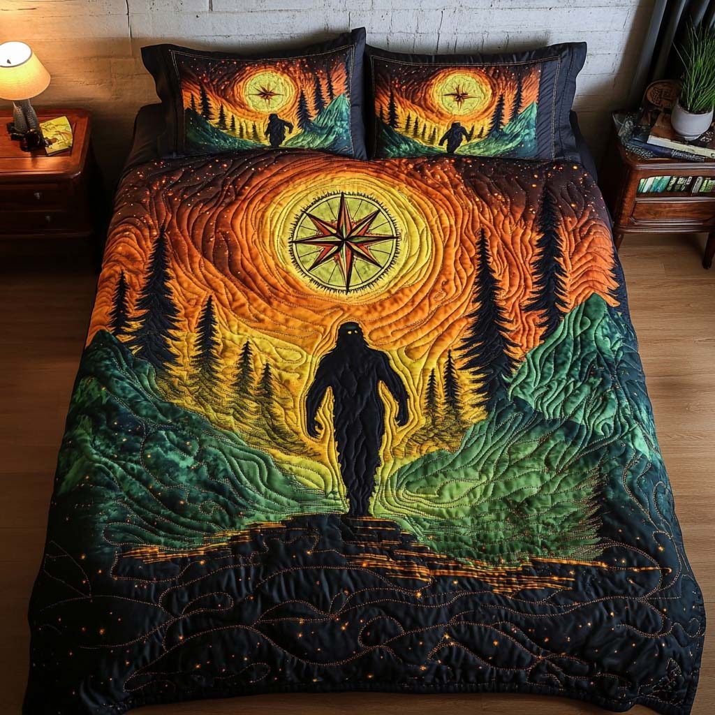 Wilderness Path quilted 3-piece bedding set on a made bed with two matching pillow shams