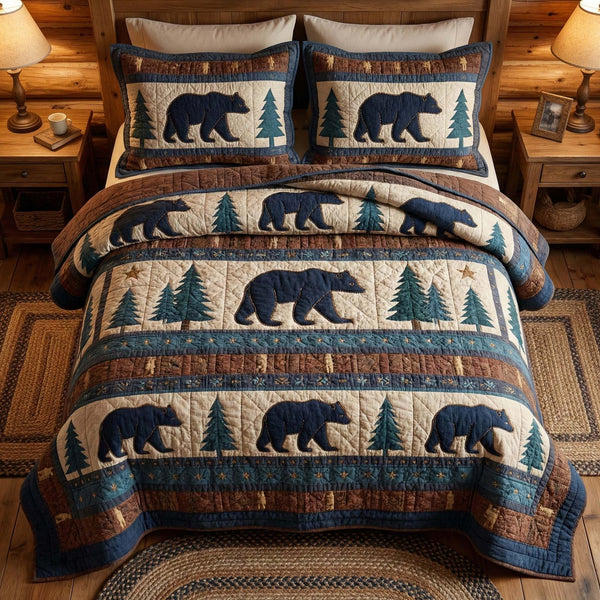 Wilderness Quilt quilted 3-piece bedding set on a made bed with two matching pillow shams