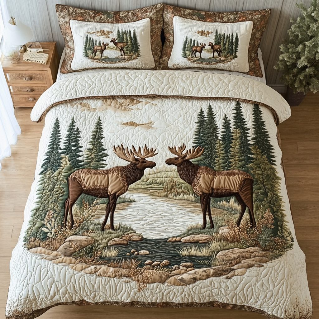 Wilderness Retreat quilted 3-piece bedding set on a made bed with two matching pillow shams