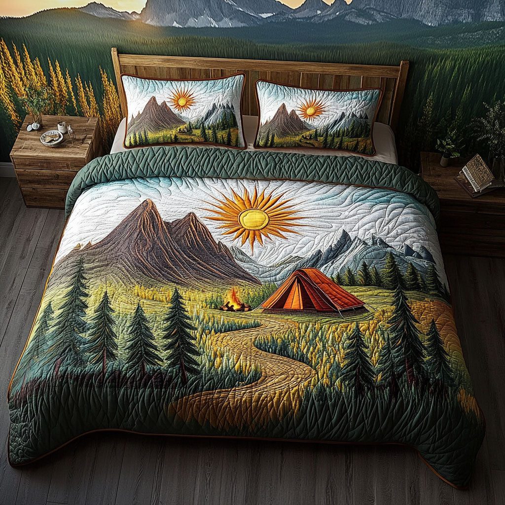 Wilderness Retreat quilted 3-piece bedding set on a made bed with two matching pillow shams