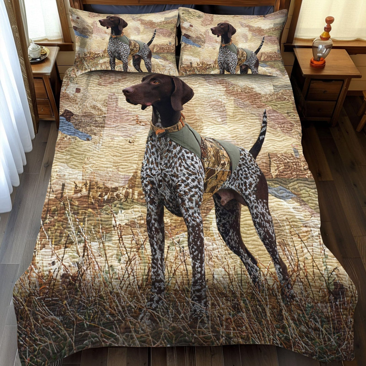 Wilderness Seeker quilted 3-piece bedding set on a made bed with two matching pillow shams