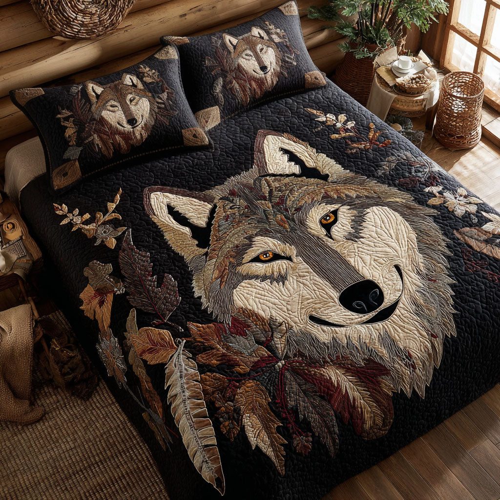 Wilderness Soul quilted 3-piece bedding set on a made bed with two matching pillow shams