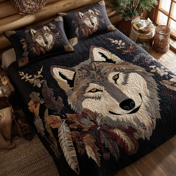 Wilderness Soul quilted 3-piece bedding set on a made bed with two matching pillow shams