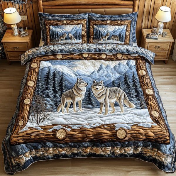 Wilderness Spirit quilted 3-piece bedding set on a made bed with two matching pillow shams