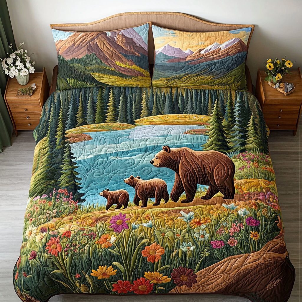 Wilderness Walk quilted 3-piece bedding set on a made bed with two matching pillow shams