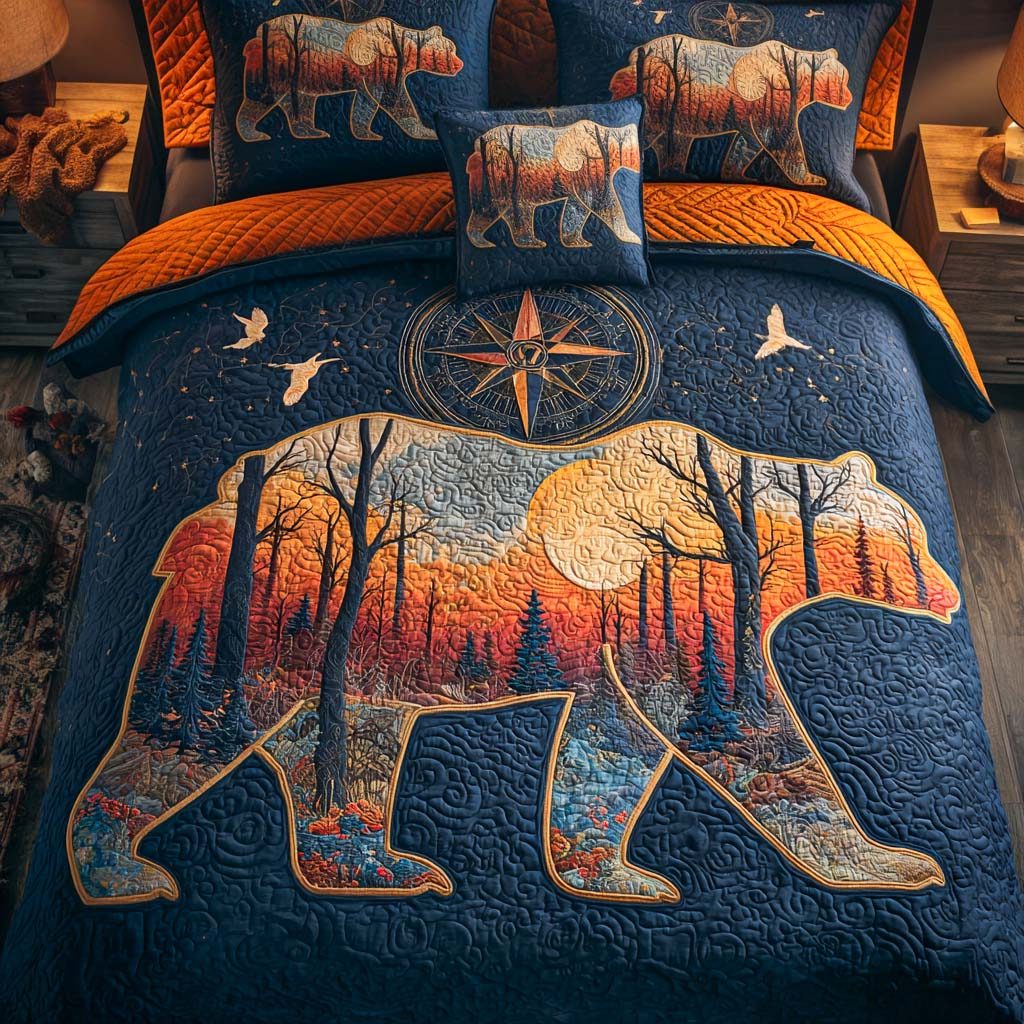 Wilderness Walk quilted 3-piece bedding set on a made bed with two matching pillow shams