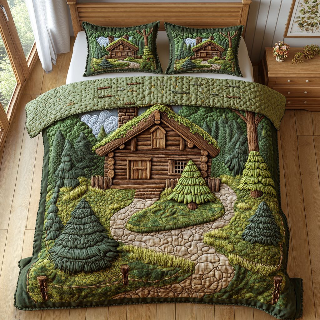 Wilderness Warmth quilted 3-piece bedding set on a made bed with two matching pillow shams