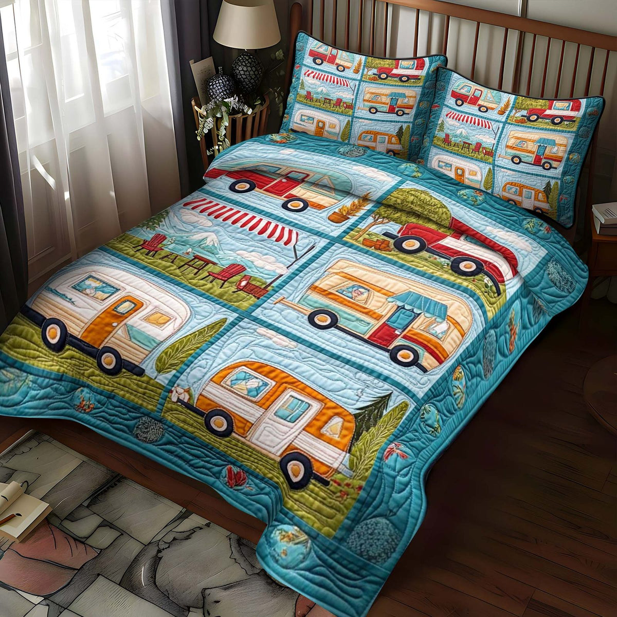 Wilderness Way quilted 3-piece bedding set on a made bed with two matching pillow shams