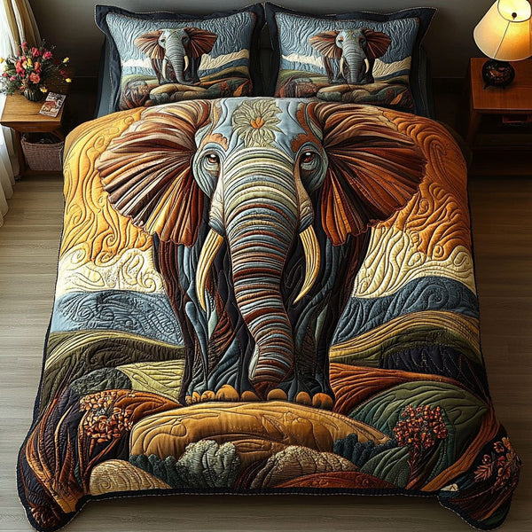 Wilderness Wisdom quilted 3-piece bedding set on a made bed with two matching pillow shams
