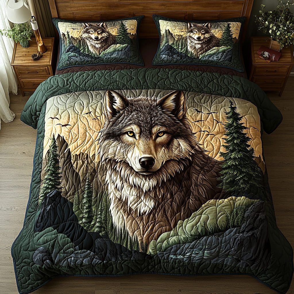 Wilderness Wolf quilted 3-piece bedding set on a made bed with two matching pillow shams