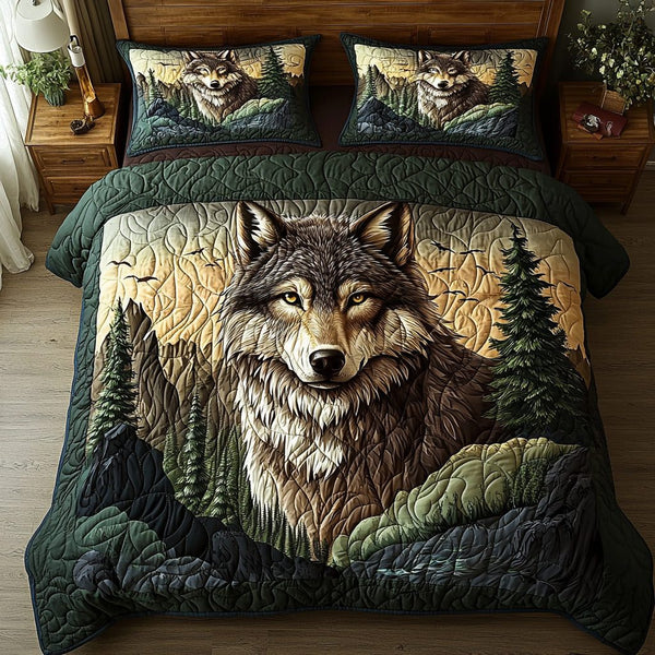 Wilderness Wolf quilted 3-piece bedding set on a made bed with two matching pillow shams