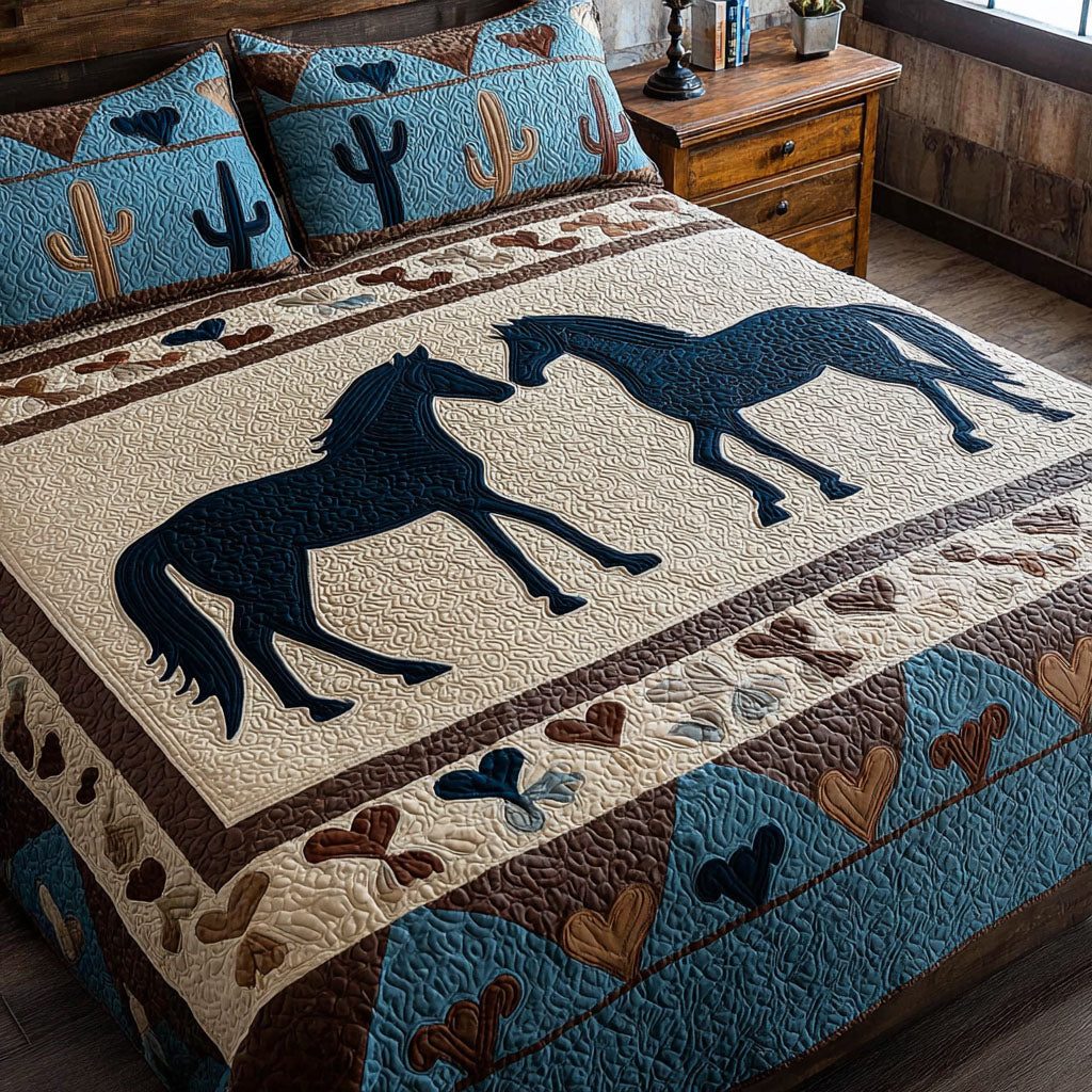 Wildfire Hearts quilted 3-piece bedding set on a made bed with two matching pillow shams