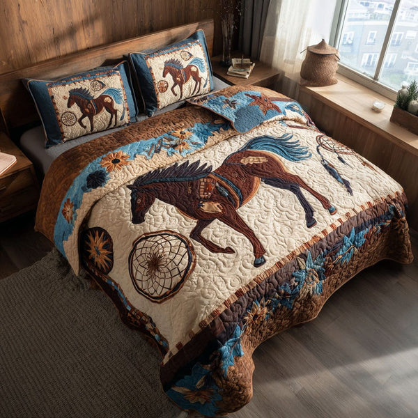 Wildfire Mane quilted 3-piece bedding set on a made bed with two matching pillow shams