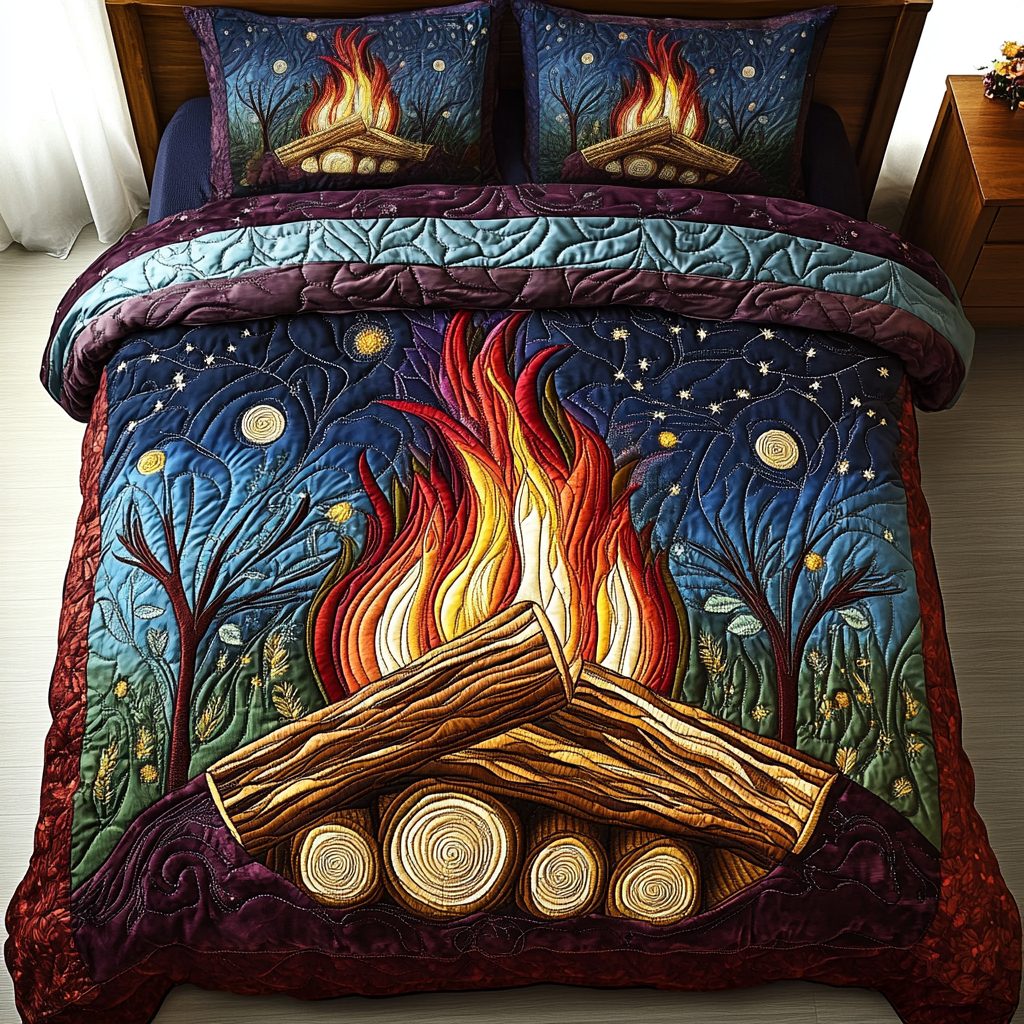 Wildfire Nights quilted 3-piece bedding set on a made bed with two matching pillow shams